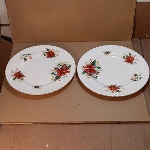 2 Royal Albert Poinsettia DINNER Plates Bone China England Christmas